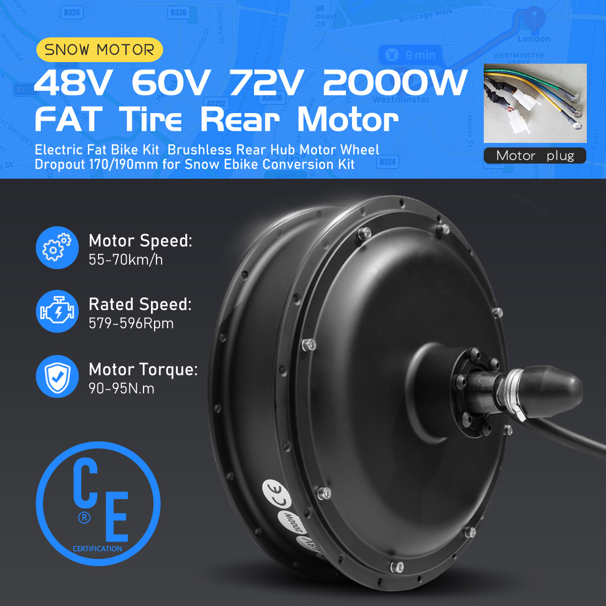 Fat Tire Ebike Conversion Kit 2000W - มอเตอร์ฮับล้อหลังแบบไร้เกียร์สำหรับจักรยานไฟฟ้า 48V 60V 72V 2000W สำหรับชุดแปลงจักรยานไฟฟ้าสำหรับปั่นบนหิมะ